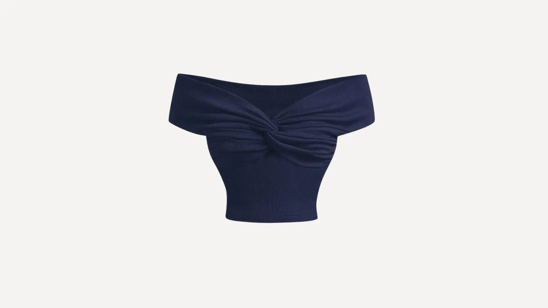 navy blue ribbed off-the-shoulder crop top with a twisted sweetheart neckline and a fitted silhouette on white backround