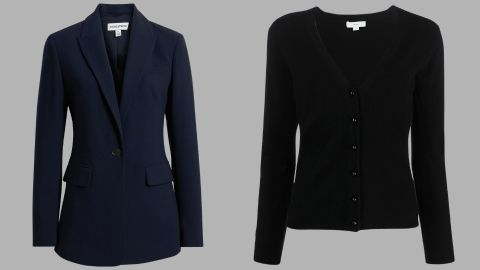 navy tailored blazer and black button front cardigan for layering over a court appropriate outfit