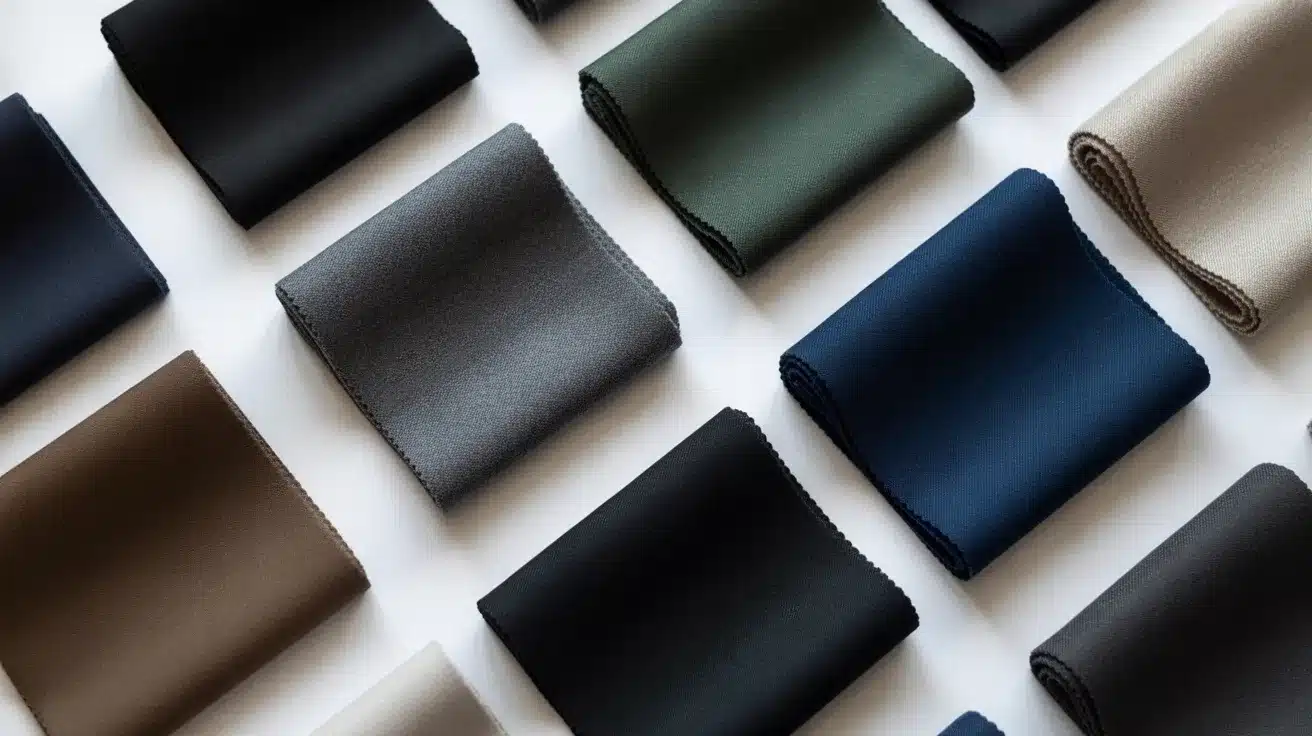 neatly folded fabric swatches in neutral and dark tones arranged on white background for textile color selection display