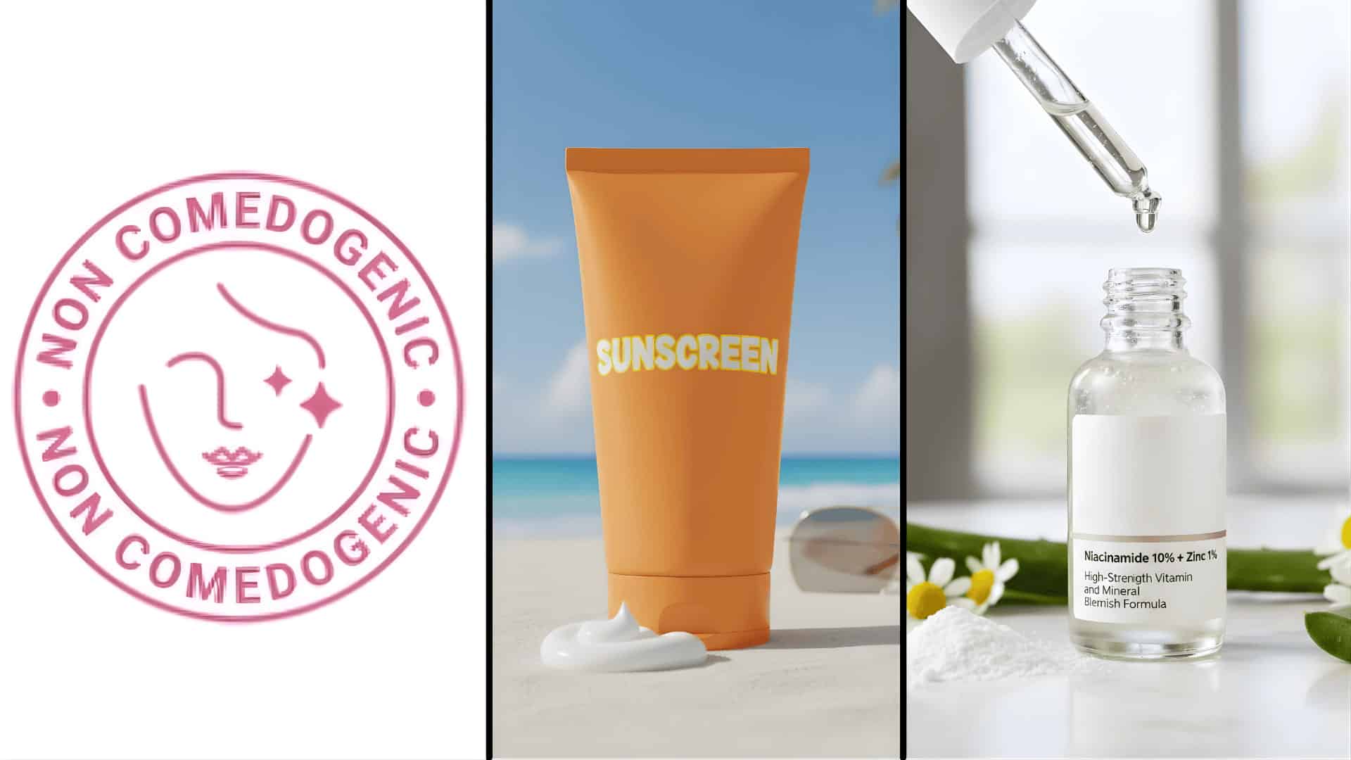 non comedogenic label, sunscreen tube on beach, and niacinamide serum bottle with dropper displayed side by side