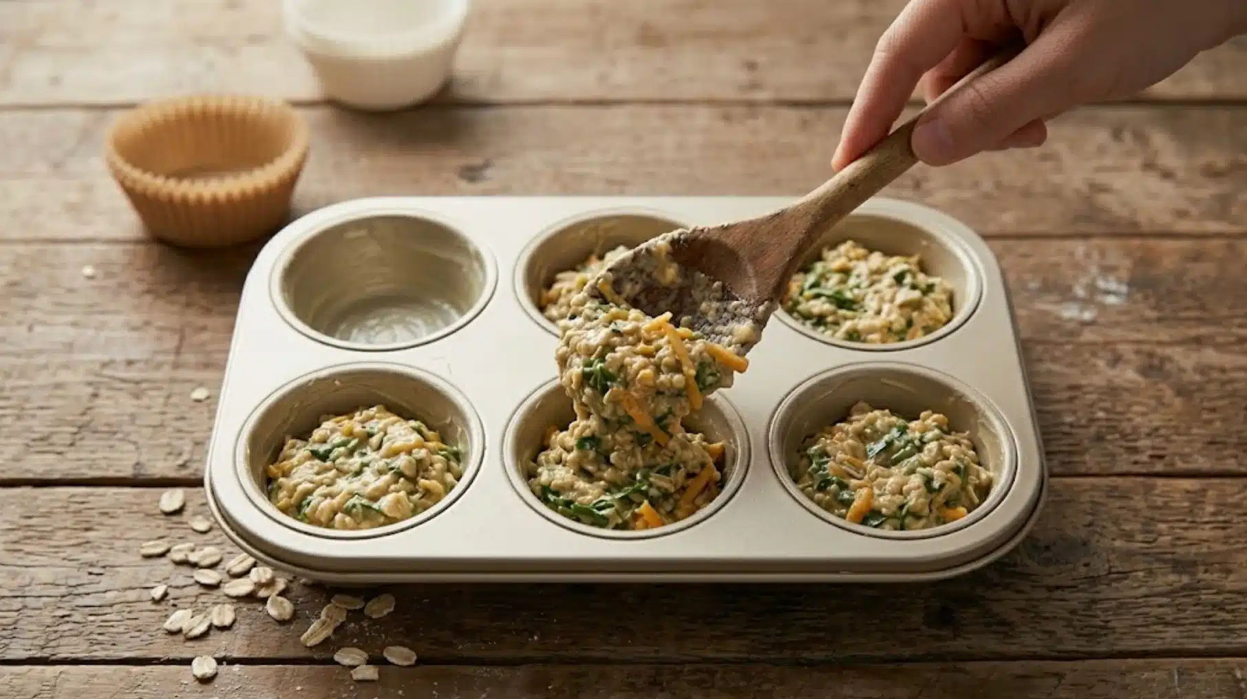 oatmeal batter with greens and shredded cheese being spooned into muffin tin cups on rustic wooden table