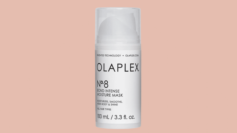 olaplex no 8 bond intense moisture mask in white bottle for fine hair hydration and repair