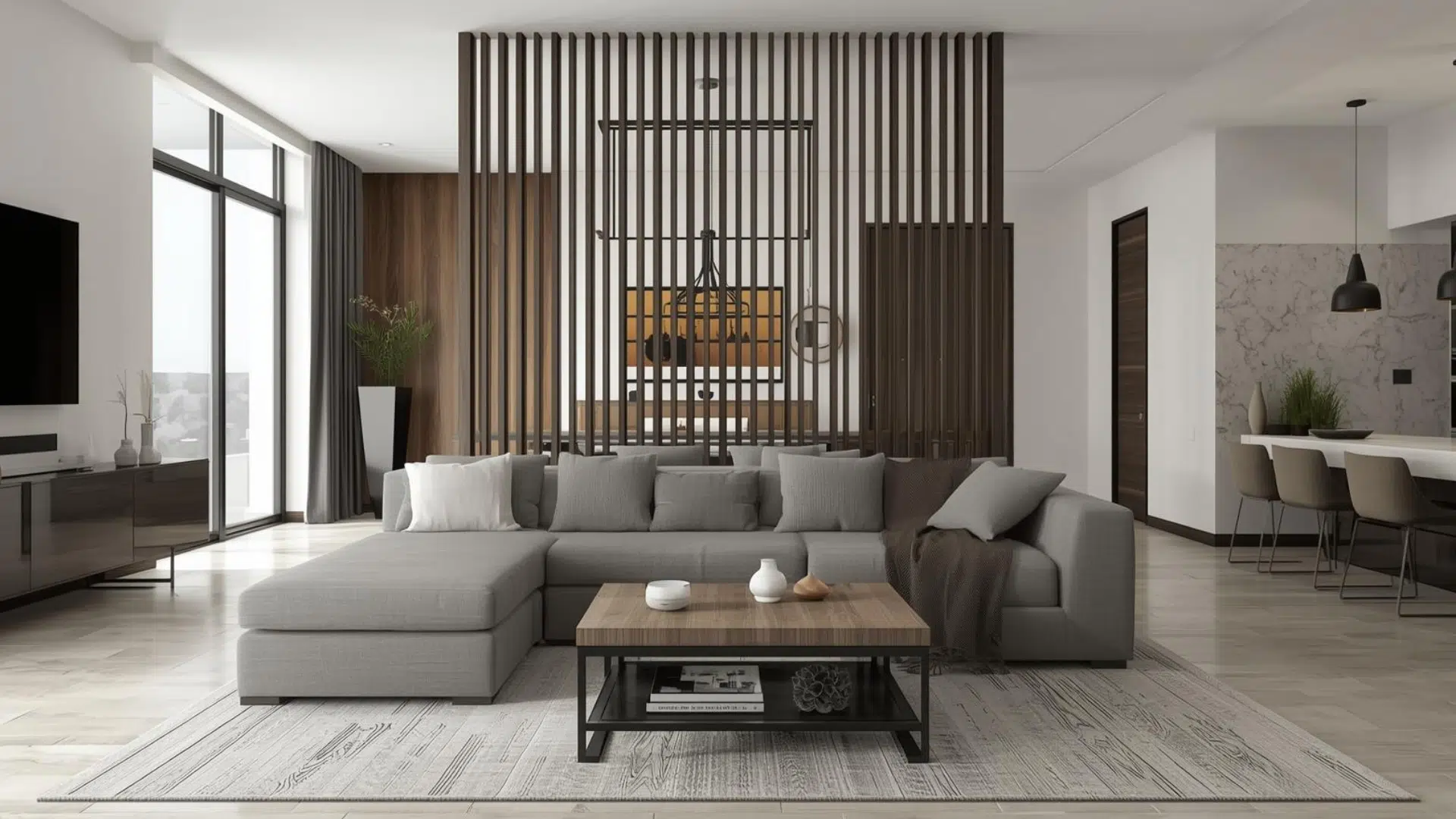 open concept living space with sofa placed facing away from dining area, narrow console table behind sofa, area rug defining seating, clear walking space, realistic modern interior