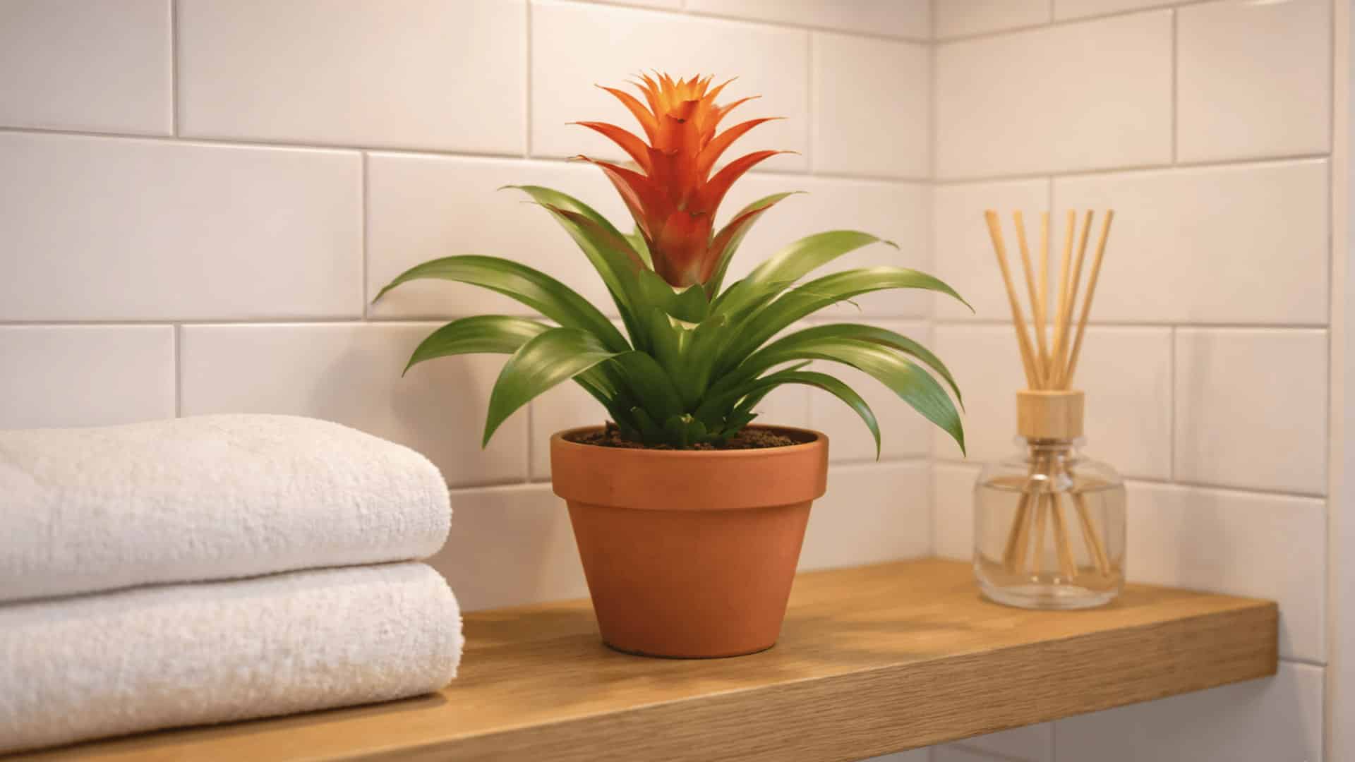 orange and red bromeliad in terracotta pot on wooden shelf with folded towel and reed diffuser