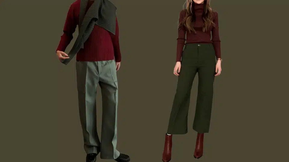 outfit ideas showing burgundy and wine red tops with different shades of green pants for men and woman