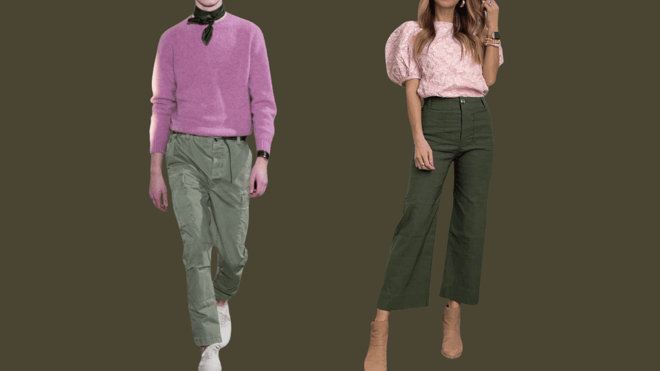 outfit ideas showing pink and mauve tops with different shades of green pants for men and women