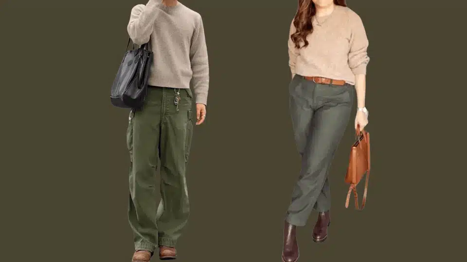 outfits featuring tan and beige knit sweaters paired with olive and army green cargo pants boots and loafers