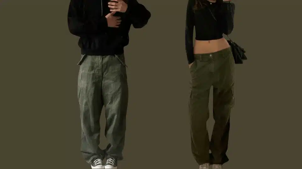 outfits showing black tops paired with army green and olive cargo pants styled with sneakers and casual shoes