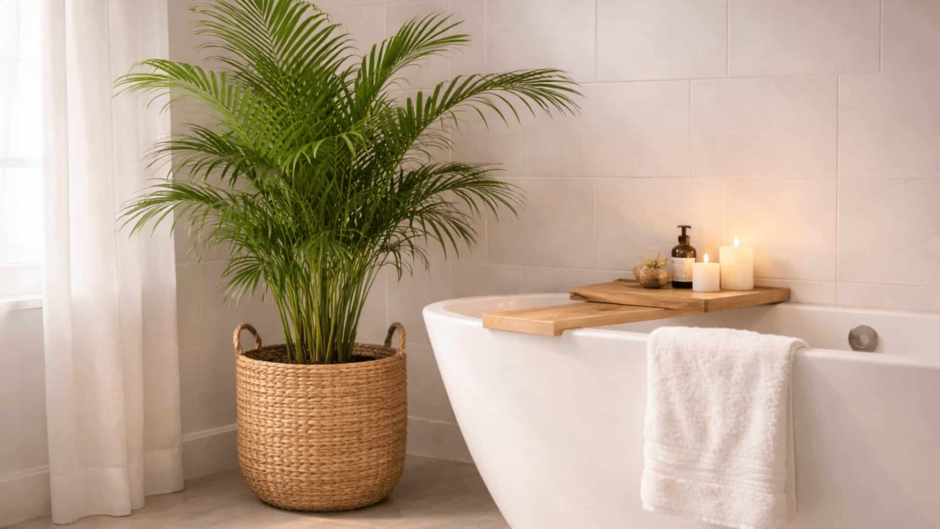 parlor palm in woven basket beside freestanding tub with candles and bath tray in warm lit bathroom