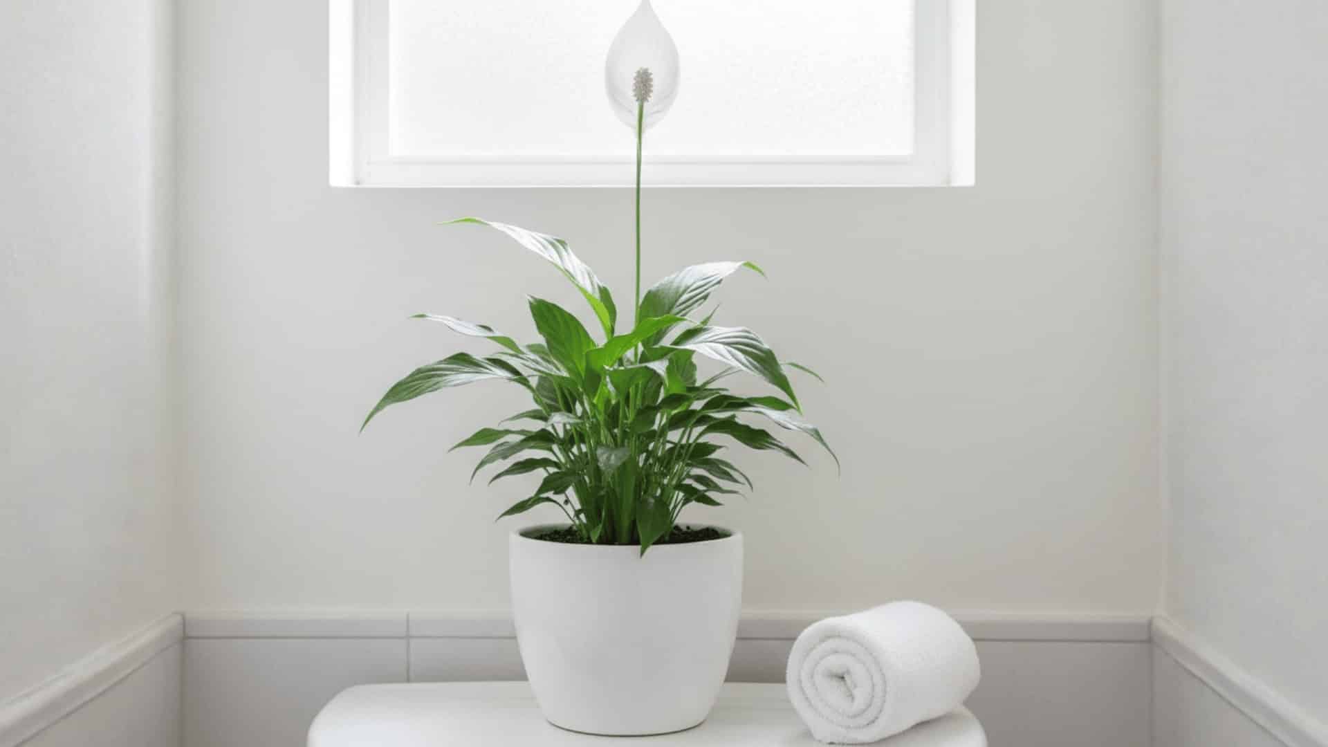 peace lily in white pot on toilet tank with rolled towel beneath frosted bathroom window