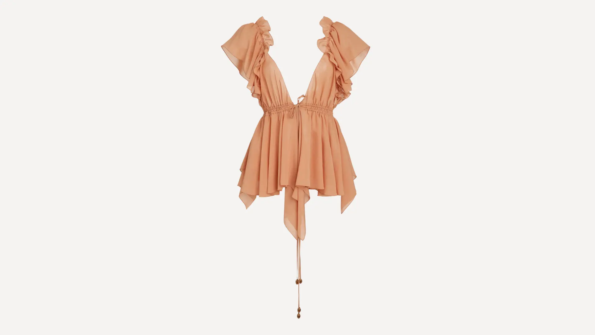 peach empire top with ruffled cap sleeves, a plunging v-neckline, and a flowy handkerchief hem on a white background