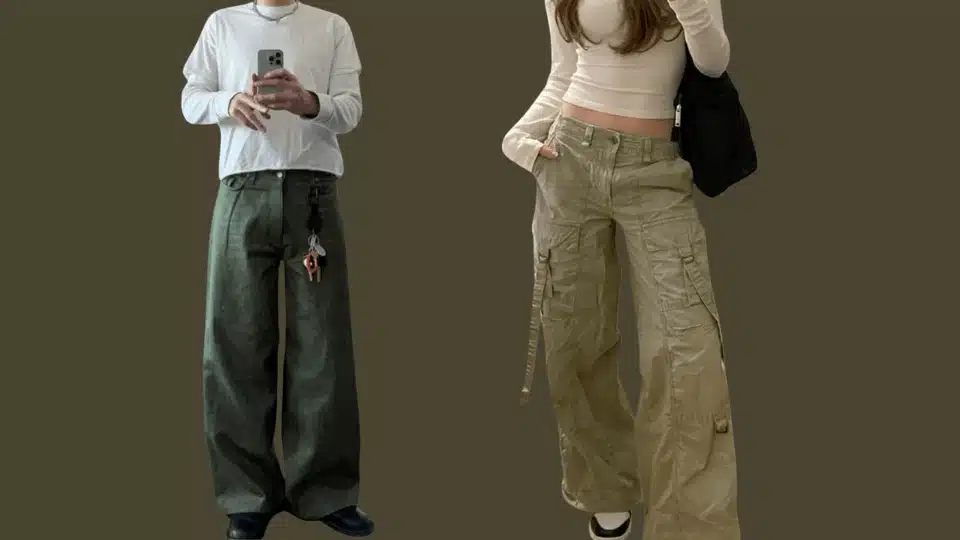 people wearing olive green cargo pants styled with white and cream tops against a plain background