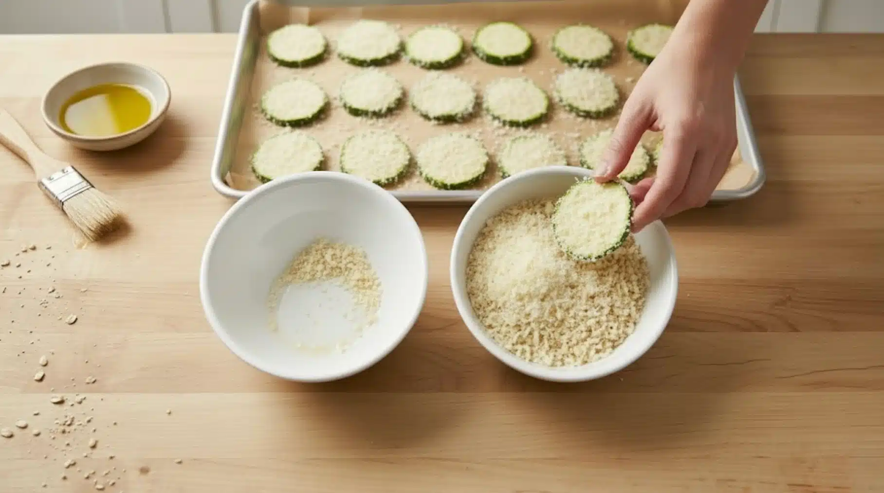 person dipping zucchini slices into breadcrumbs, with a tray of breaded zucchini slices and olive oil in the background