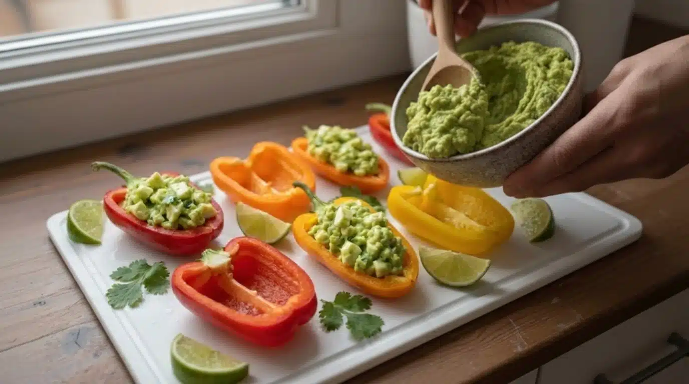 person filling red, orange, and yellow bell peppers with guacamole, garnished with lime and cilantro on cutting board