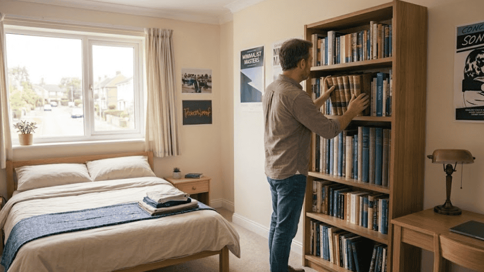 person placing books on a wooden bookshelf in a clean, tidy bedroom with a made bed and natural light from the window