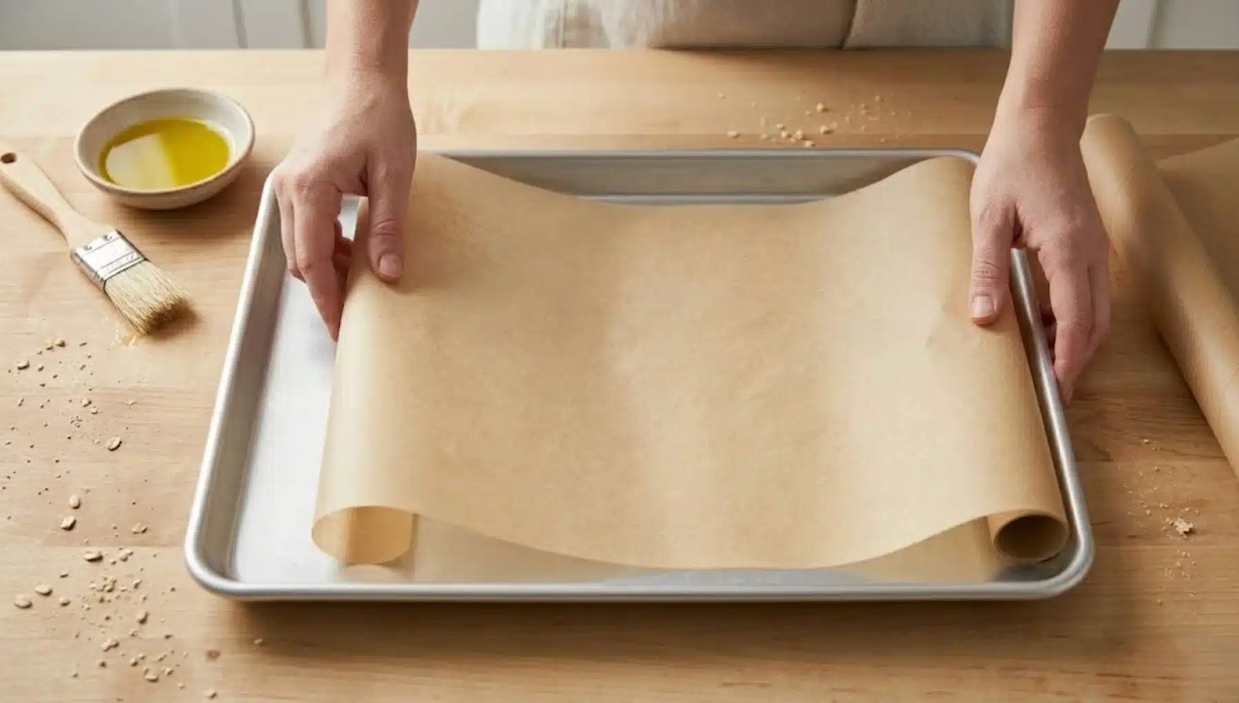 person placing parchment paper on a baking tray with a bowl of olive oil and a pastry brush nearby