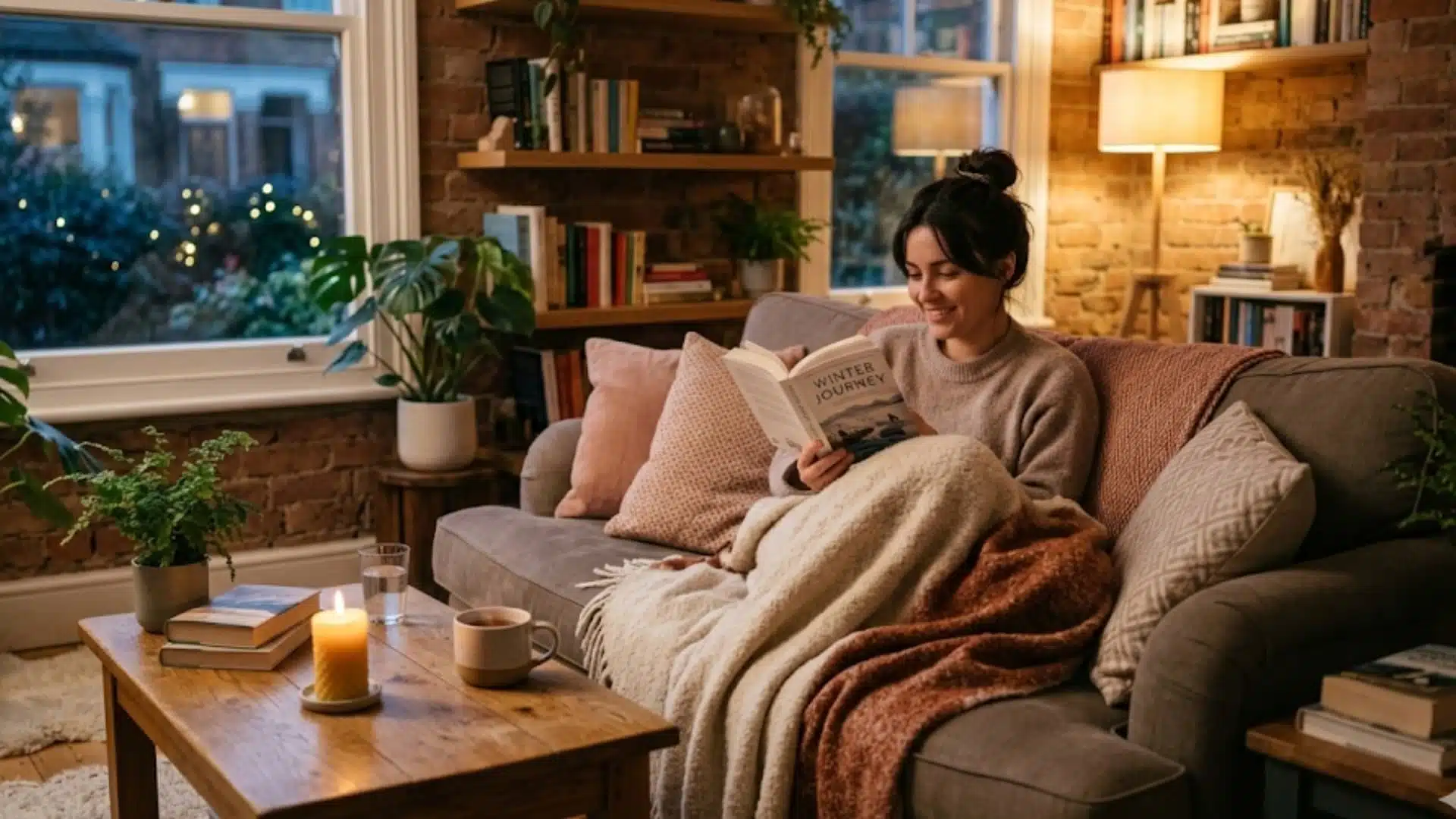 person relaxes on a sofa wrapped in blankets, reading by candlelight and tea in a warm, cozy living room