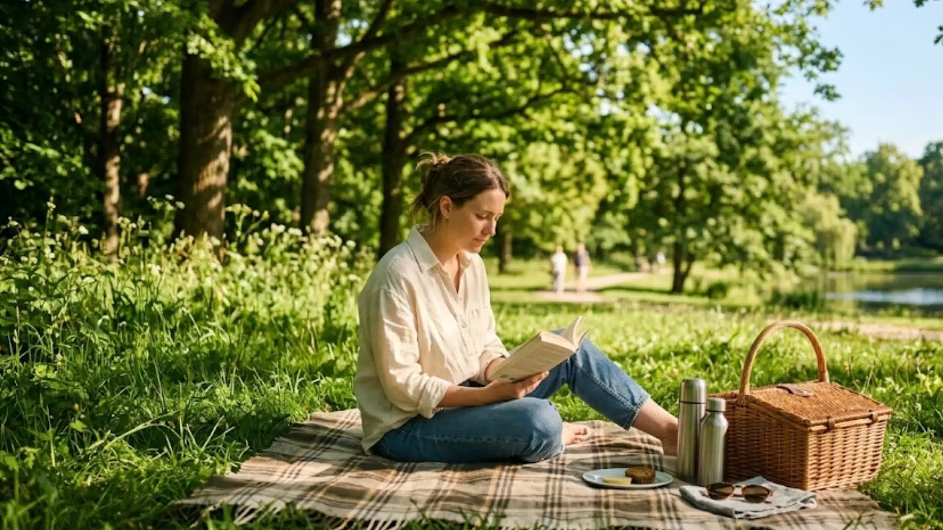 person sits on a plaid blanket in a lush, sunny park, reading a book next to a picnic basket