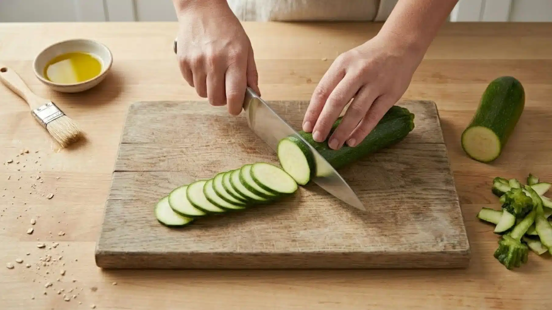 person slicing a fresh zucchini into rounds with a knife on a wooden cutting board, with olive oil and a brush nearby