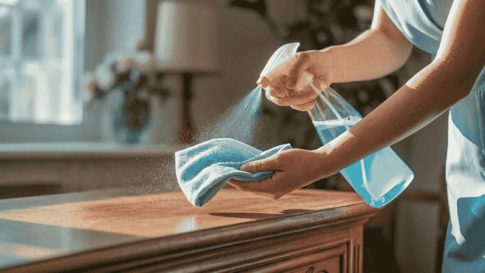 person spraying blue cleaning solution onto microfiber cloth while wiping dusty wooden table in bright living room