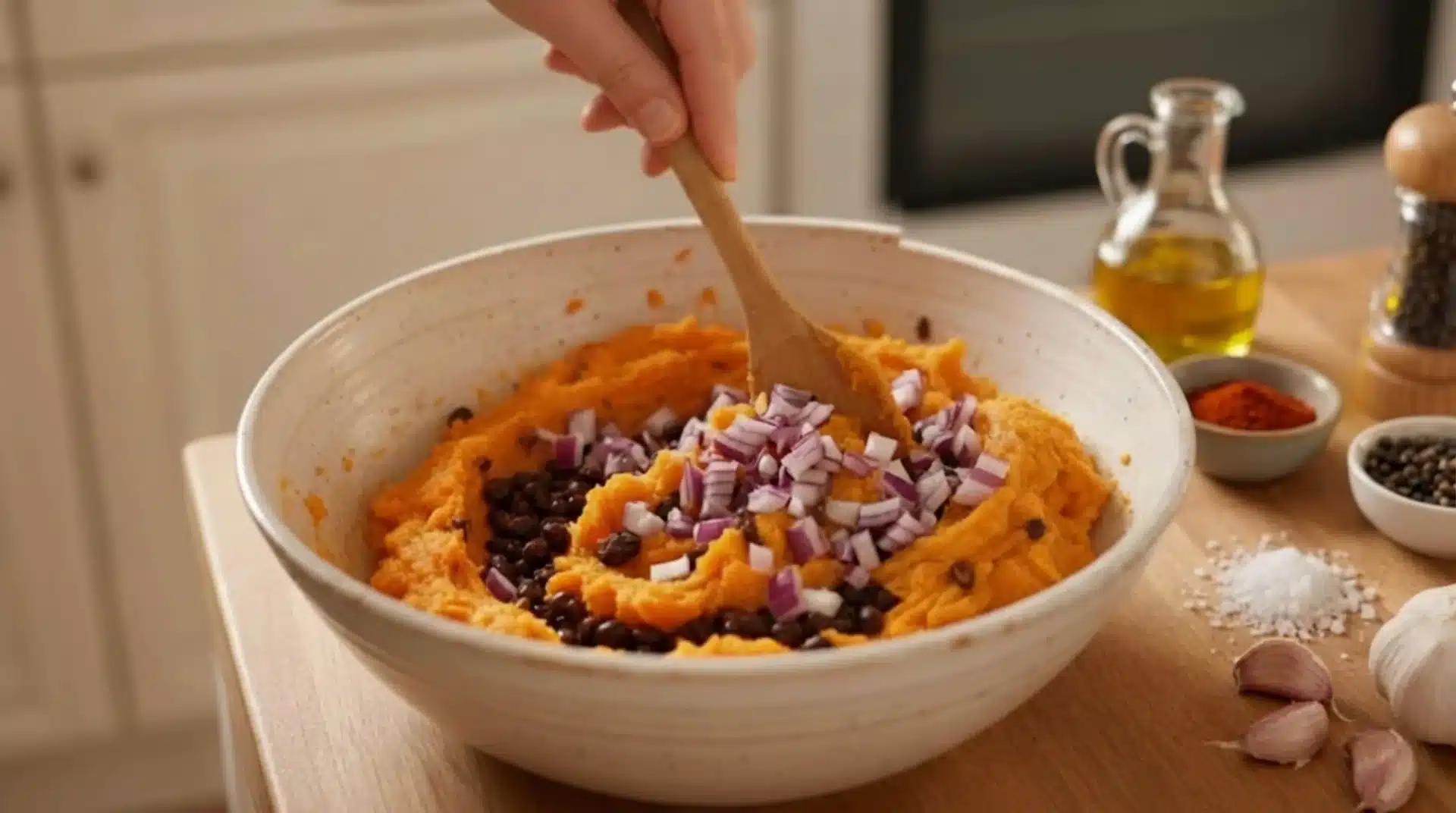 person stirring mashed sweet potatoes with black beans and chopped red onions, with spices, garlic, and olive oil nearby