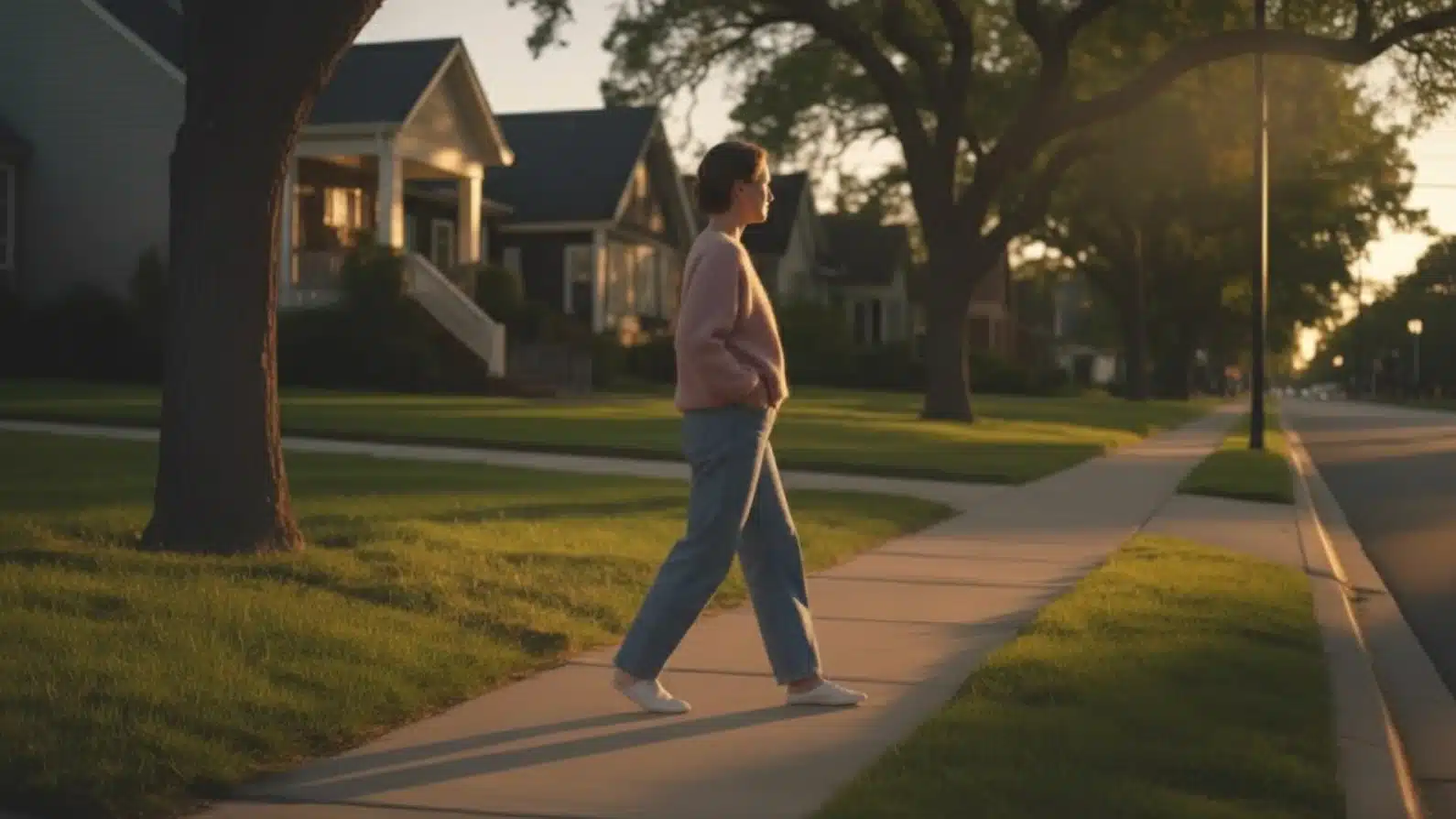 person walking along suburban sidewalk at sunset, tree lined street with houses and warm evening light through branches