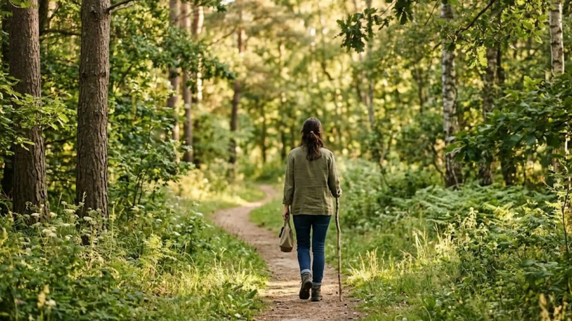 person walks alone down a winding dirt path through a lush, sun-drenched forest, surrounded by tall trees and greenery