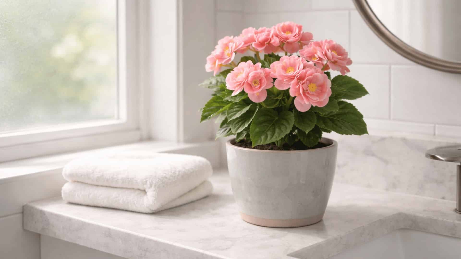pink flowering begonia in glazed pot on bathroom vanity beside folded towel and round mirror