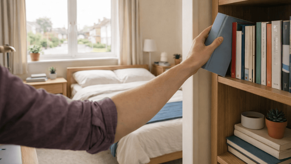 placing a book on a wooden shelf in a bright, tidy bedroom with a neatly made bed and organized furniture