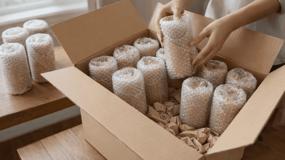 placing paper- and bubble-wrapped glasses upright in a cardboard moving box with packing paper cushioning the bottom