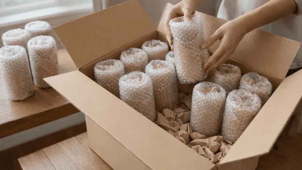 placing paper- and bubble-wrapped glasses upright in a cardboard moving box with packing paper cushioning the bottom