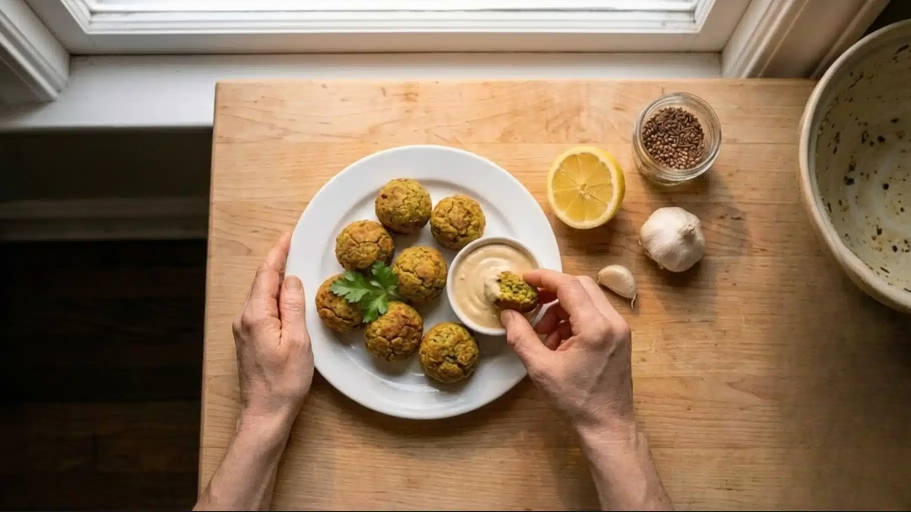 plate of golden chickpea and herb balls served with creamy dipping sauce, lemon, garlic, and spices on a wooden table