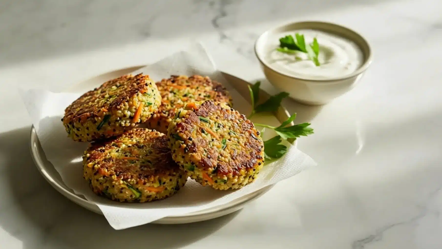 plate of golden quinoa vegetable patties served with creamy yogurt dip and fresh parsley on a clean marble countertop