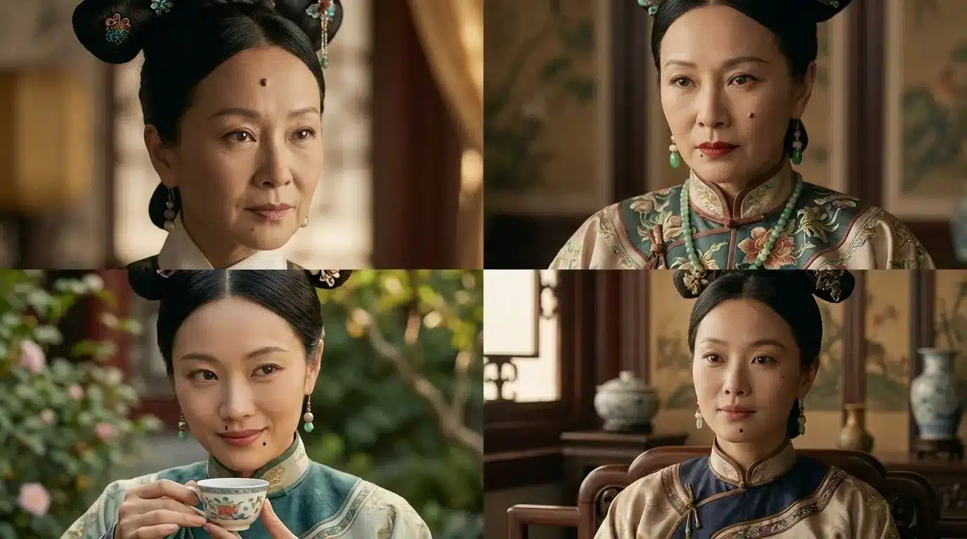 portrait collage of woman in traditional chinese attire and with a beauty mark, shown in four different women