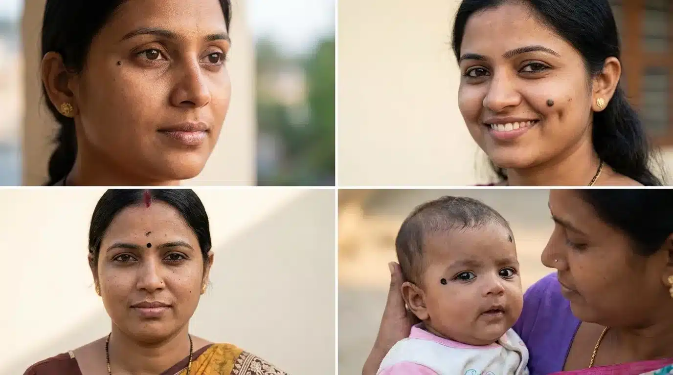 portraits of indian woman and baby with traditional beauty marks on face, including bindi and protective forehead dot