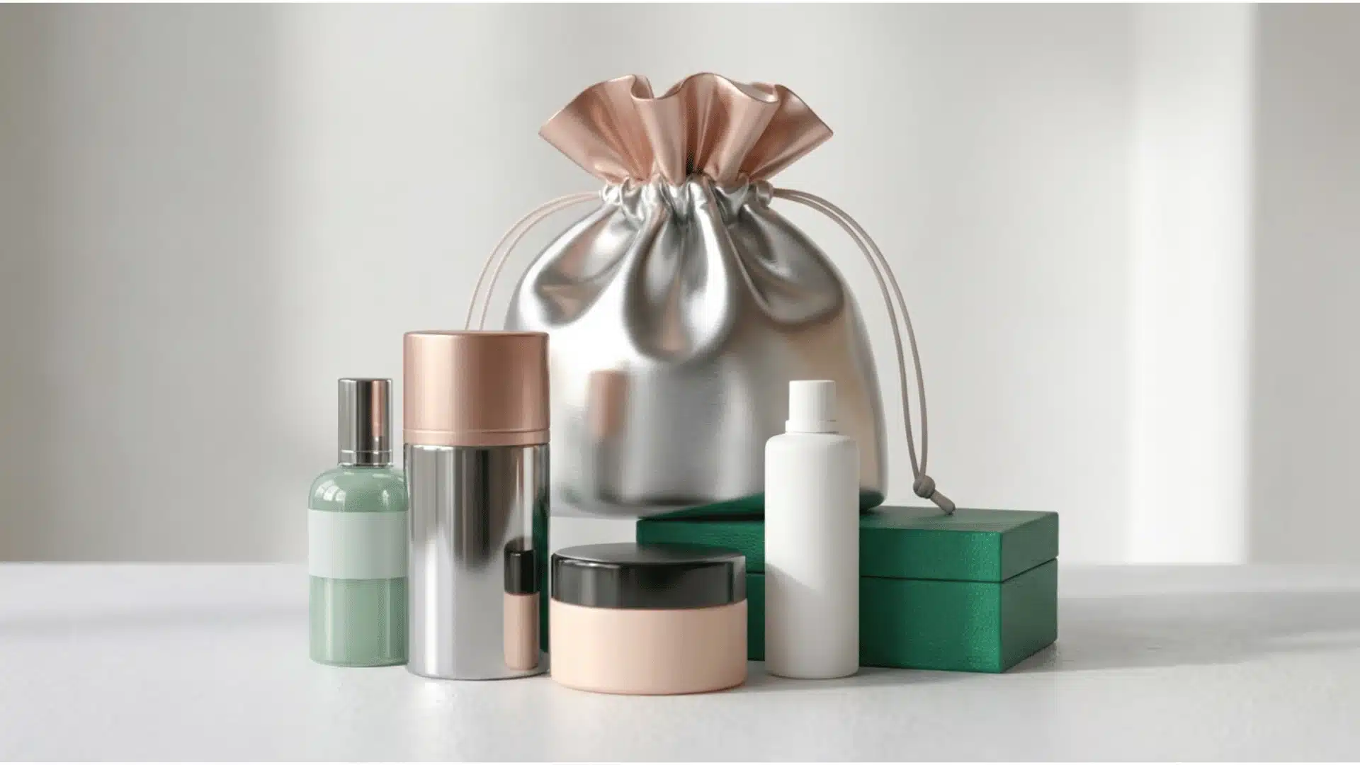 product photography setup of luxury skincare items arranged against a white background