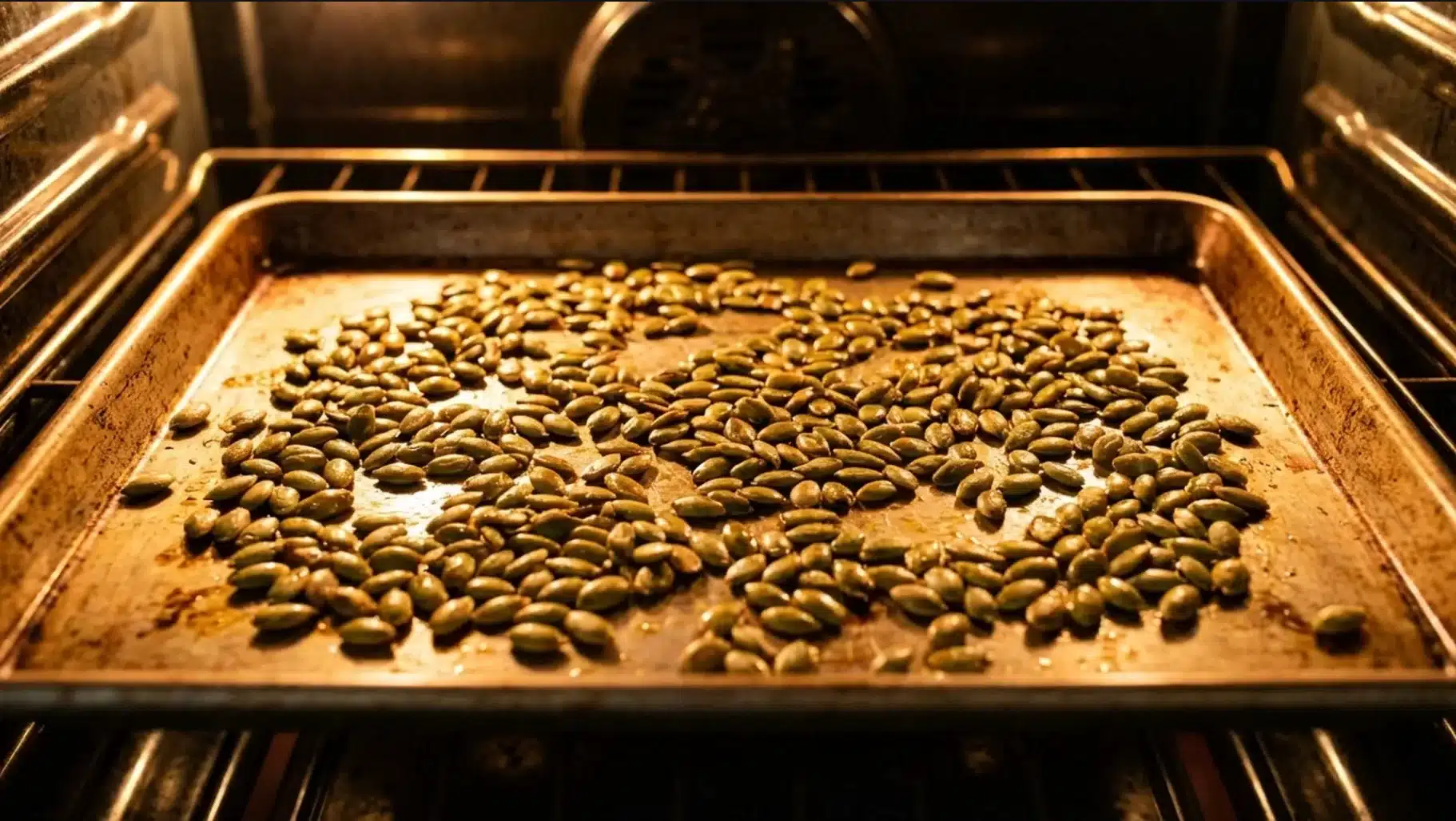 pumpkin seeds roasting on baking tray inside oven, glowing with oil under warm light as they toast evenly on metal rack