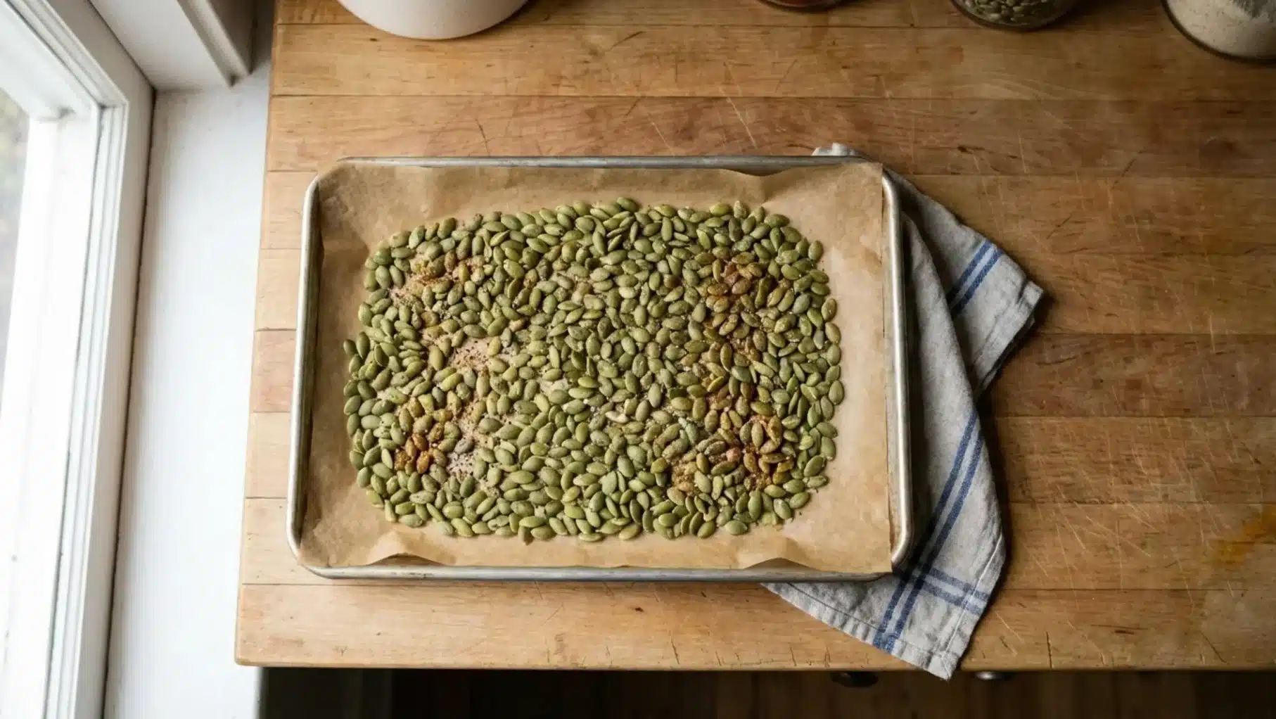 pumpkin seeds spread on baking tray lined with parchment paper, seasoned and ready for roasting on wooden kitchen table