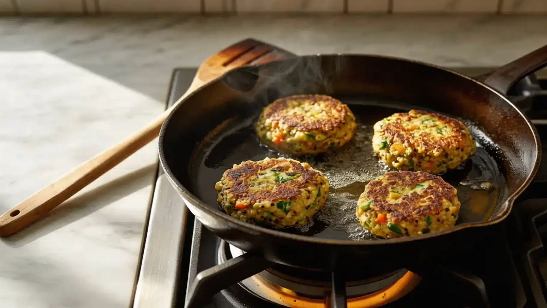 quinoa vegetable patties are cooking in a skillet, turning golden brown while vegetables and grains sizzle gently