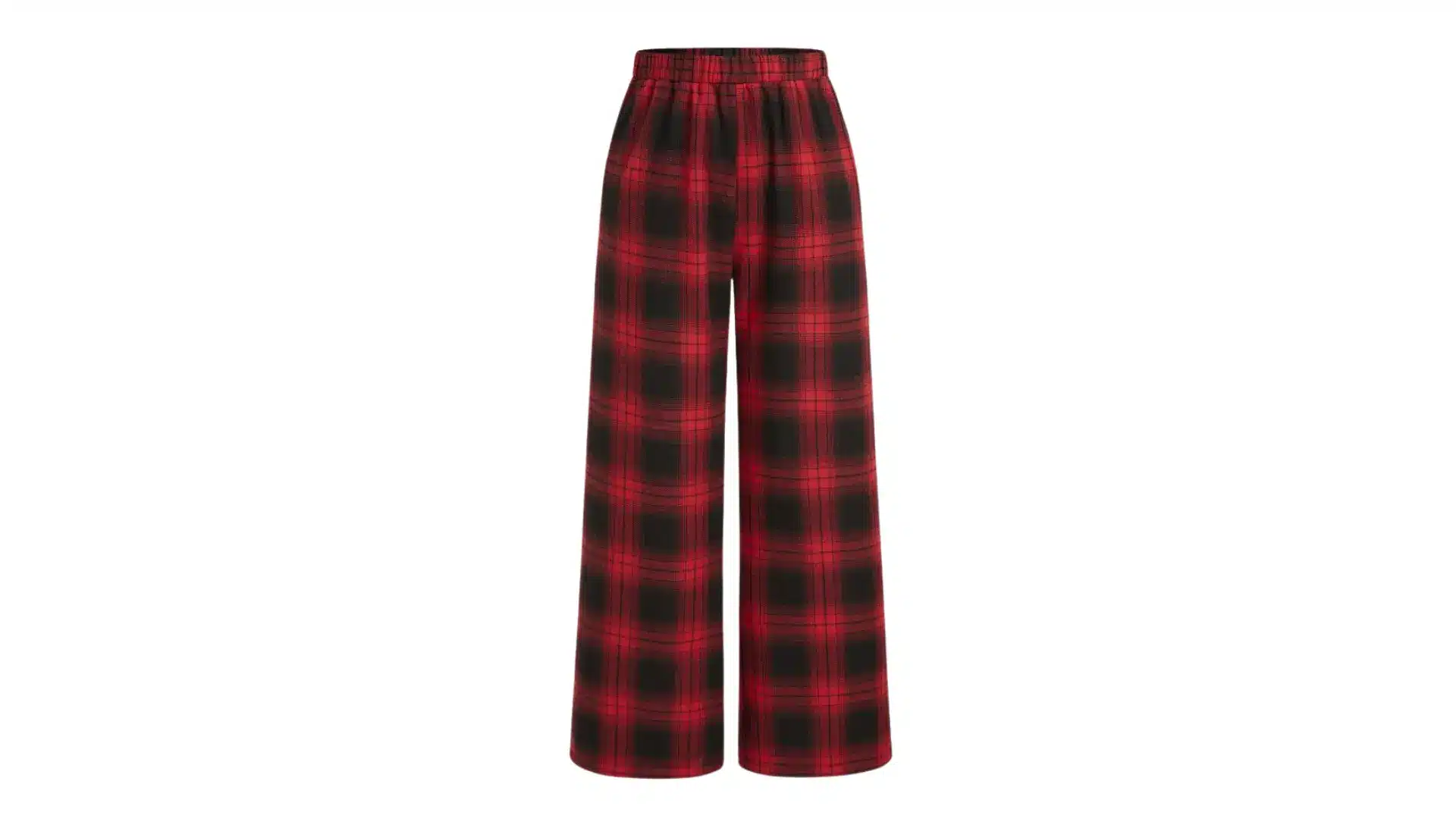 red and black plaid sweat pants with an elastic waistband are centered against a light gray studio background