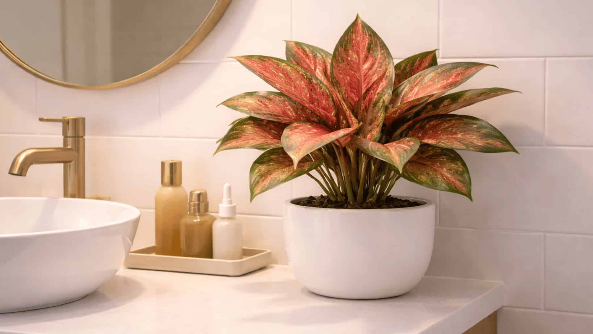 red and green aglaonema in ceramic pot on bathroom vanity beside vessel sink and round mirror