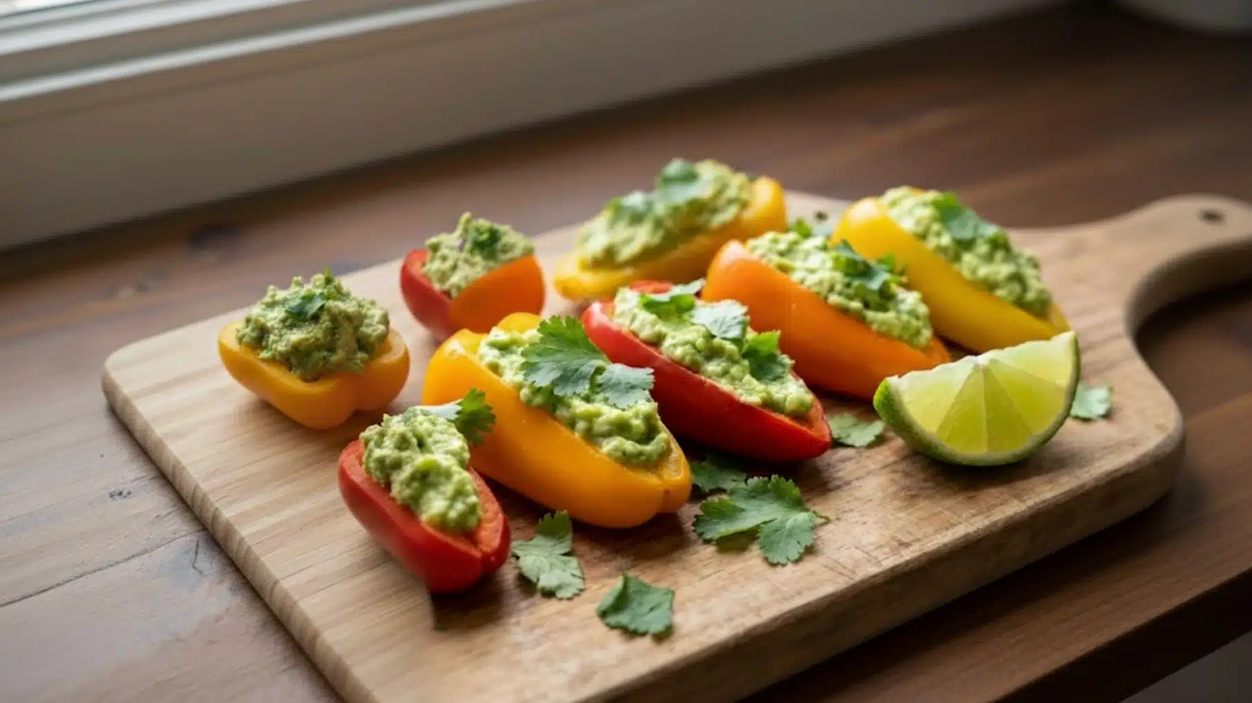 red and yellow bell peppers stuffed with guacamole, garnished with fresh cilantro, served with a lime wedge