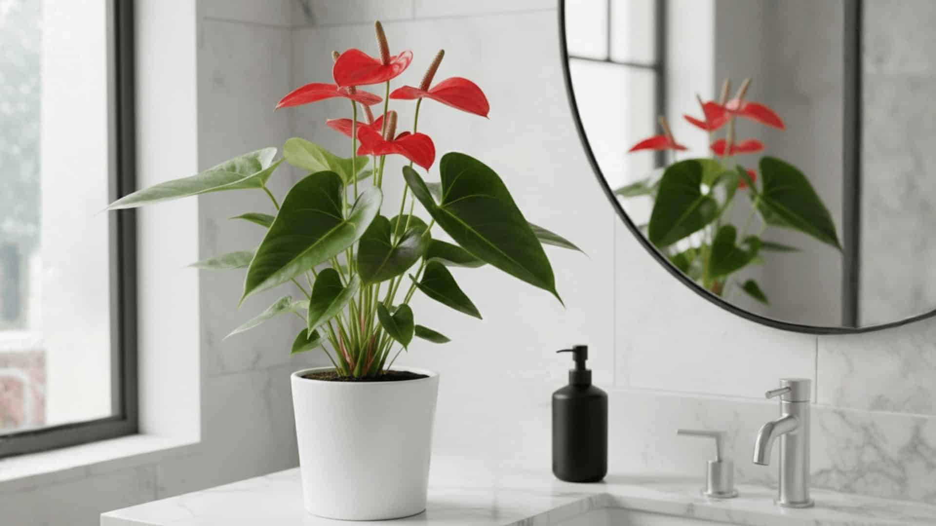red anthurium in white pot on marble bathroom vanity beside sink and mirror in bright light (2)