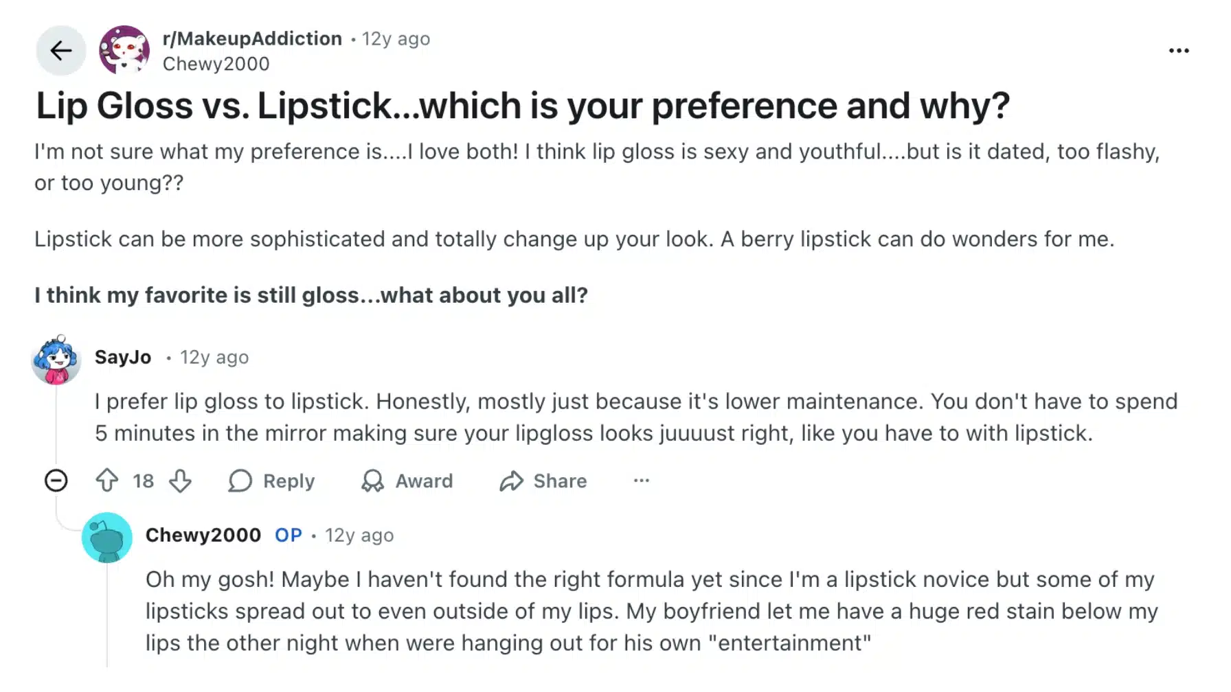 reddit thread discussing lip gloss versus lipstick preferences, showing user comments and upvotes in a community forum