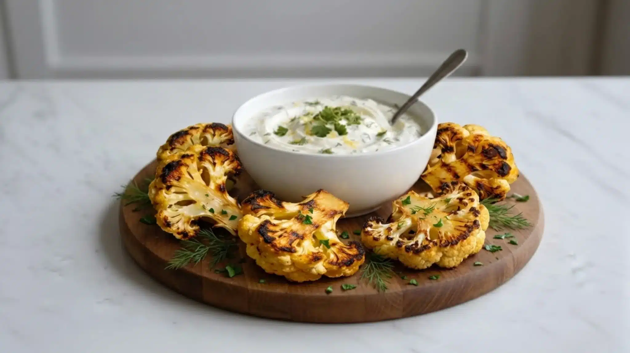 roasted cauliflower arranged around creamy herb yogurt dip in a white bowl on a wooden board, with parsley and dill
