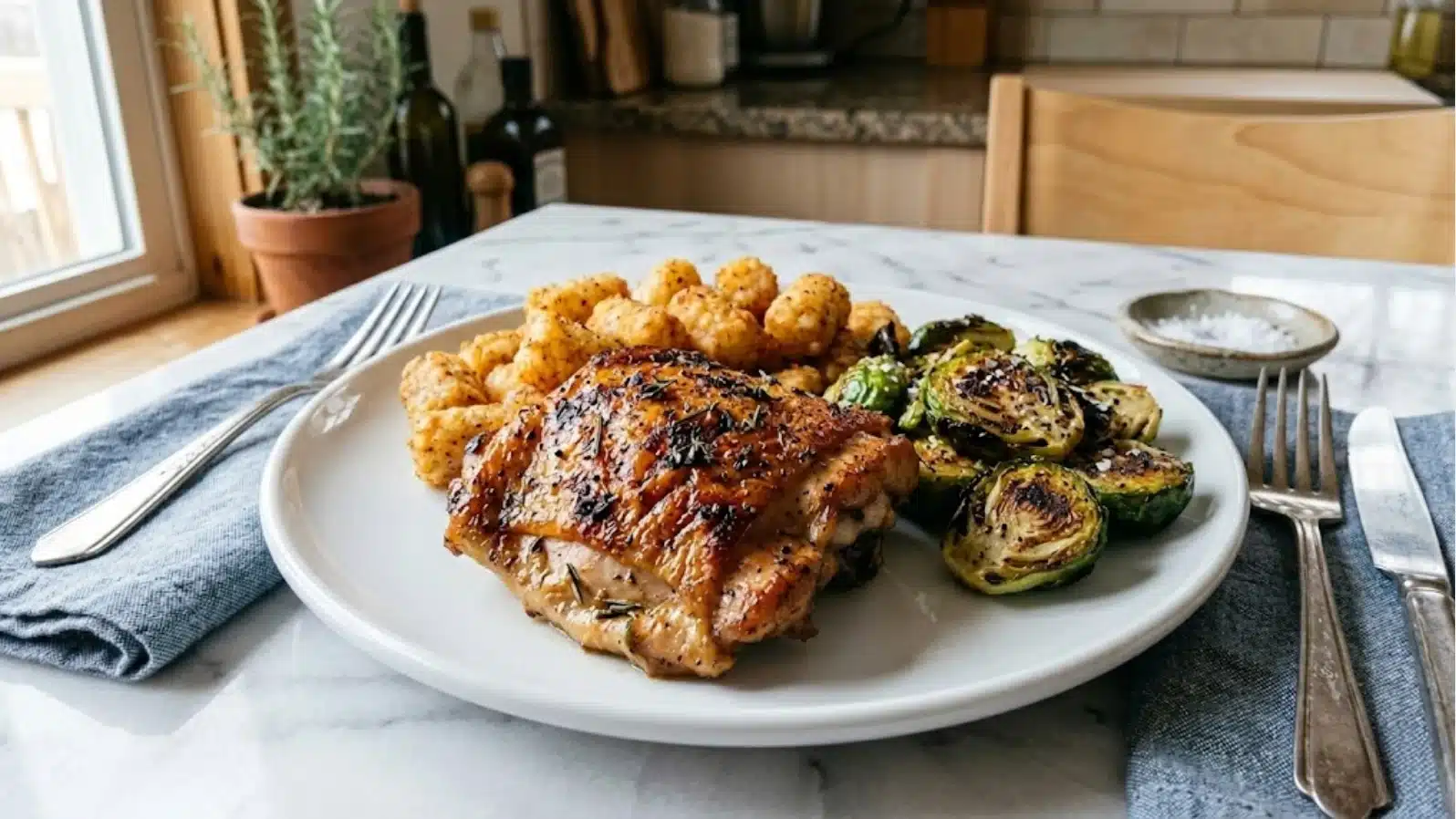 roasted chicken thigh with crispy skin served with brussels sprouts and seasoned potatoes on white plate in kitchen