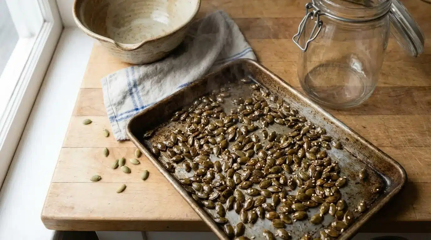 roasted pumpkin seeds on baking tray with seasoning, placed on wooden table beside bowl, cloth, and glass jar