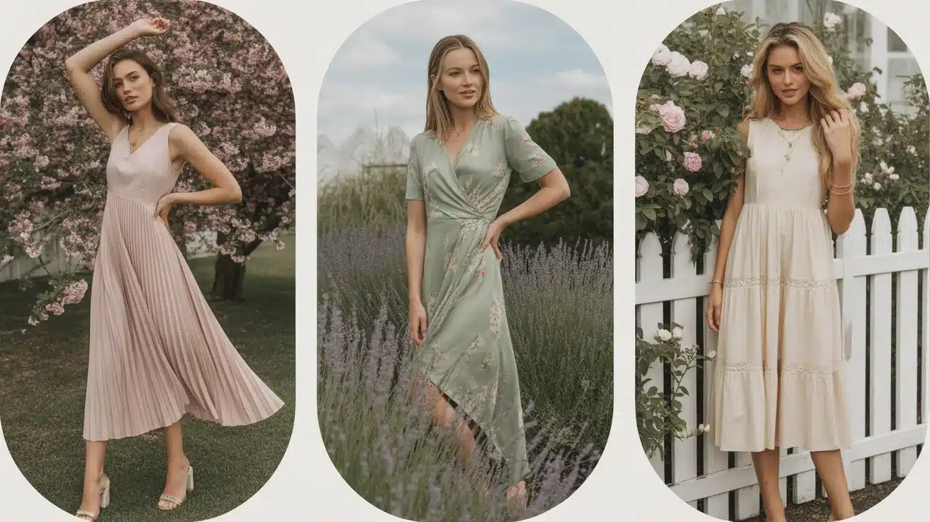 romantic style dresses with soft fabrics, floral prints, flowing silhouettes, and delicate details styled in garden