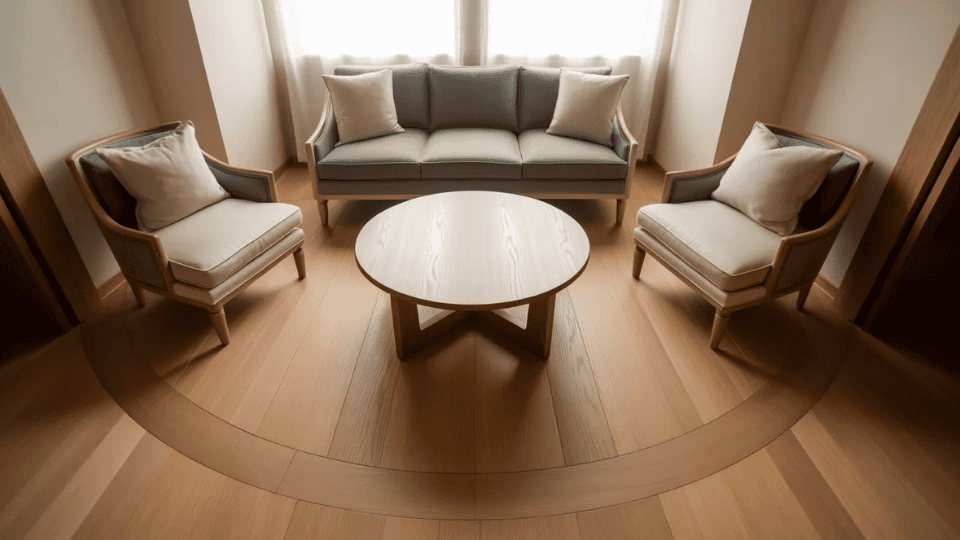 round coffee table improves movement flow in small living room seating layout