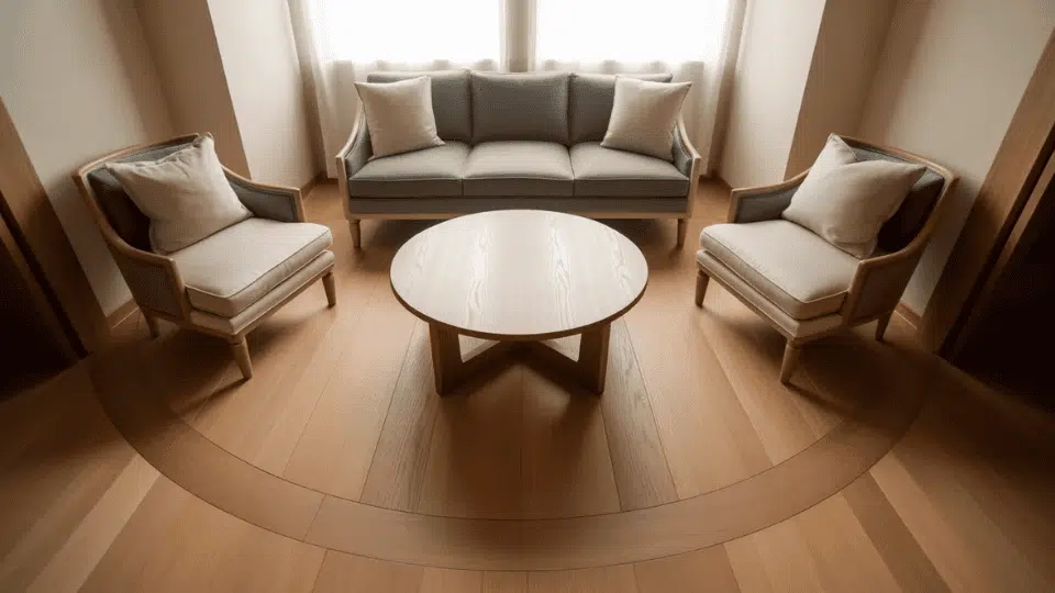 round coffee table improves movement flow in small living room seating layout